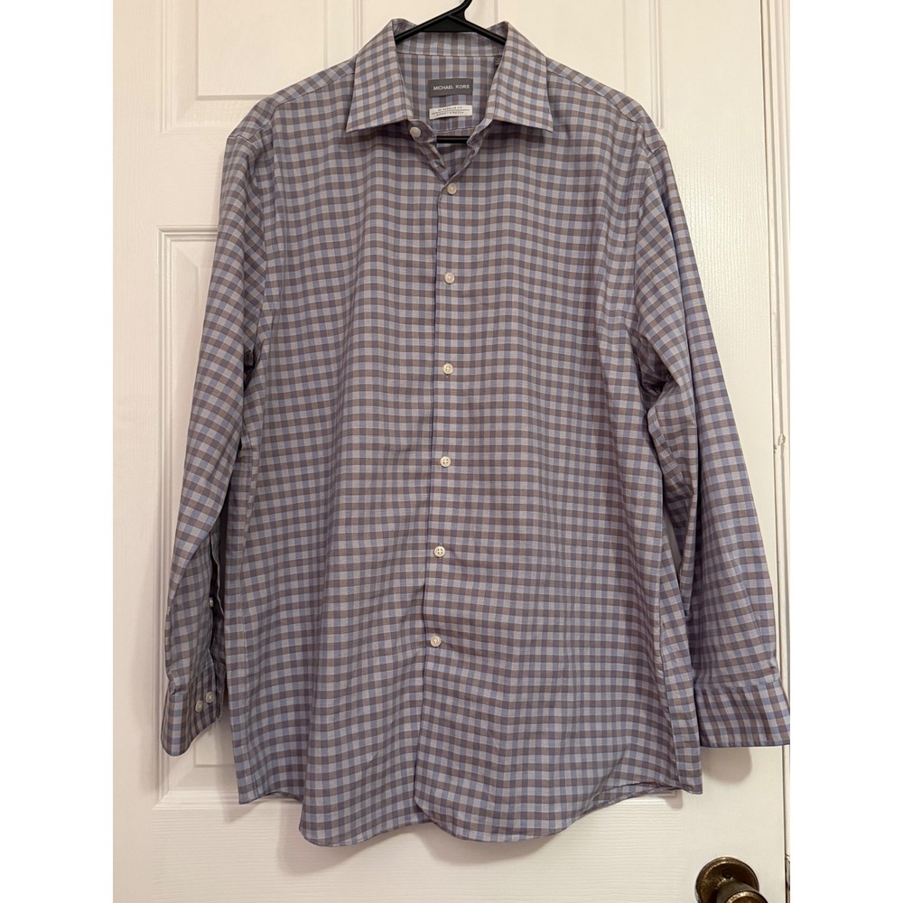 Michael Kors Mens Gingham Airsoft Stretch Non Iron Shirt Blue Brown 17 32/33